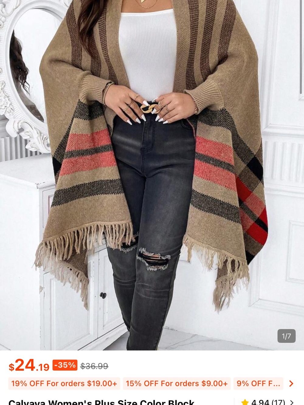 SHEIN Taupe Fringe Poncho with Red & Black Plaid Stripes